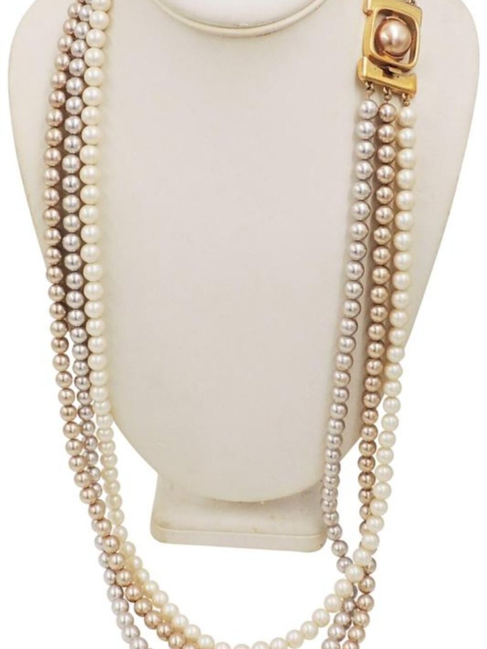 Vintage 1980s Signed Monet Goldtone 3-Strand White, Tan & Silver Faux-Pearls Nec